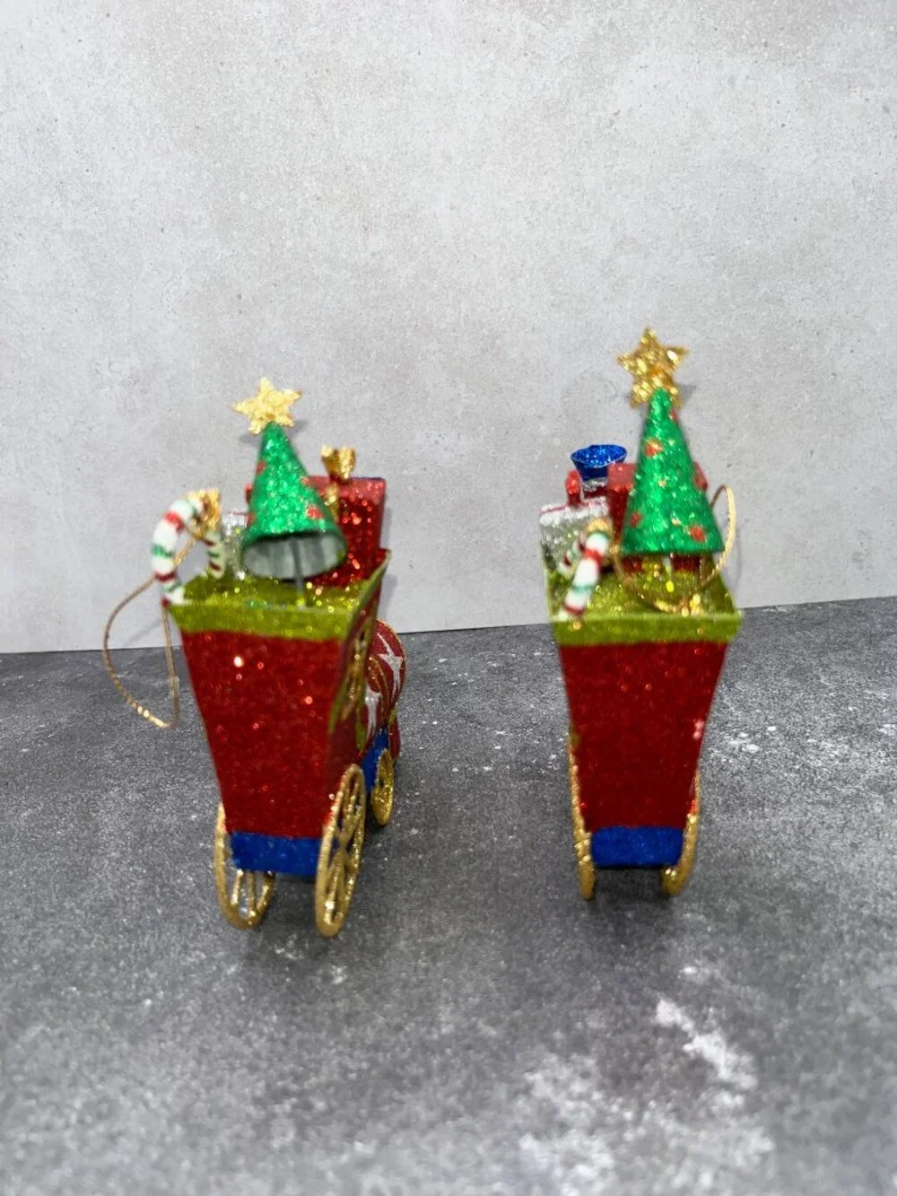Vintage Pier One Pier 1 Metal Glitter Christmas Train Ornaments Red Green Blue